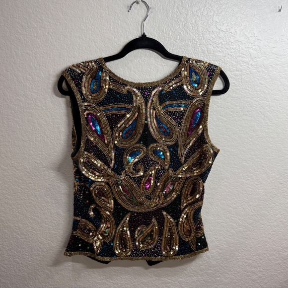 Lawrence Kazars Womens S Beaded Silk Vest Black Gold Paisley Boho Eclectic Artsy - Picture 7 of 11